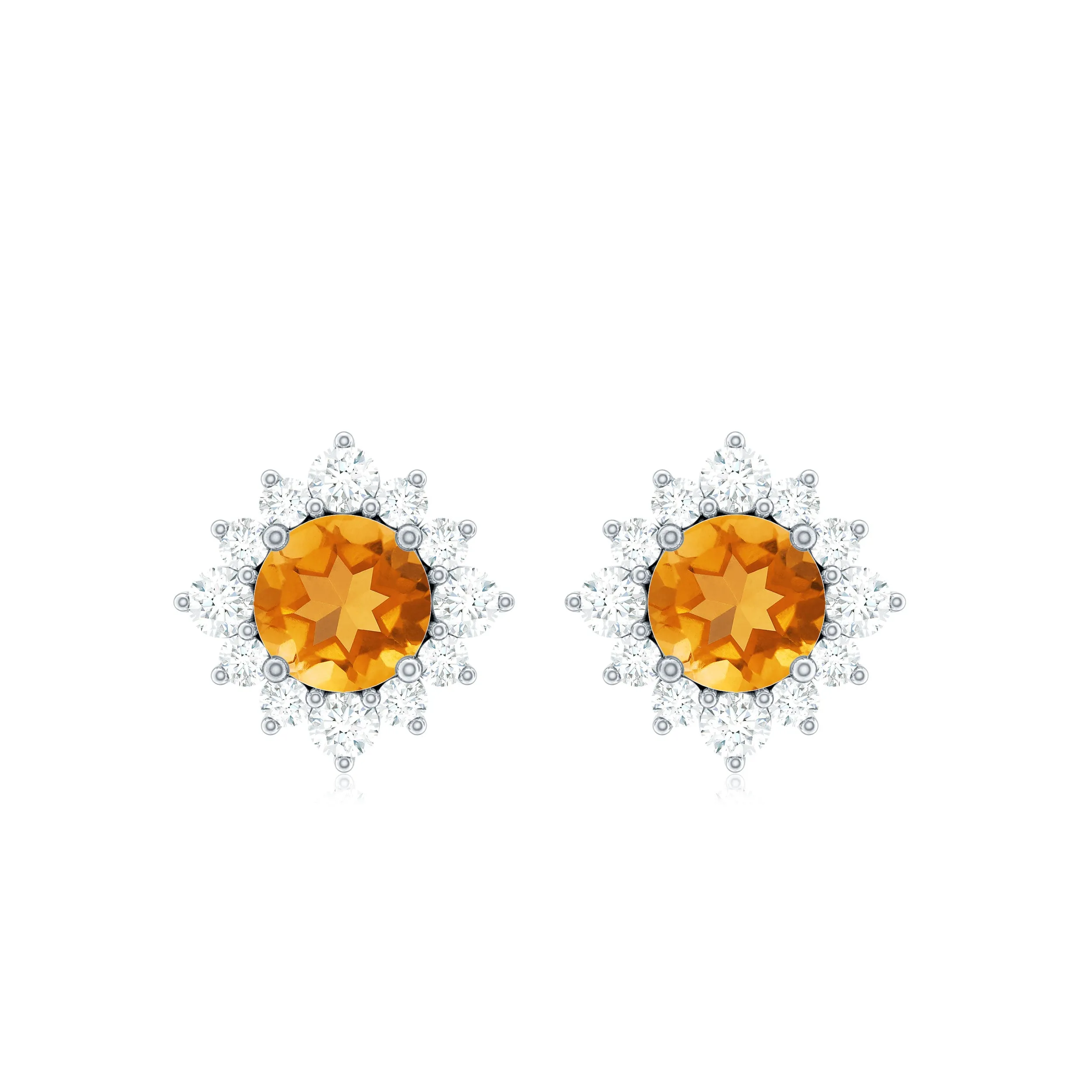 1 CT Classic Citrine Stud Earrings with Diamond Halo