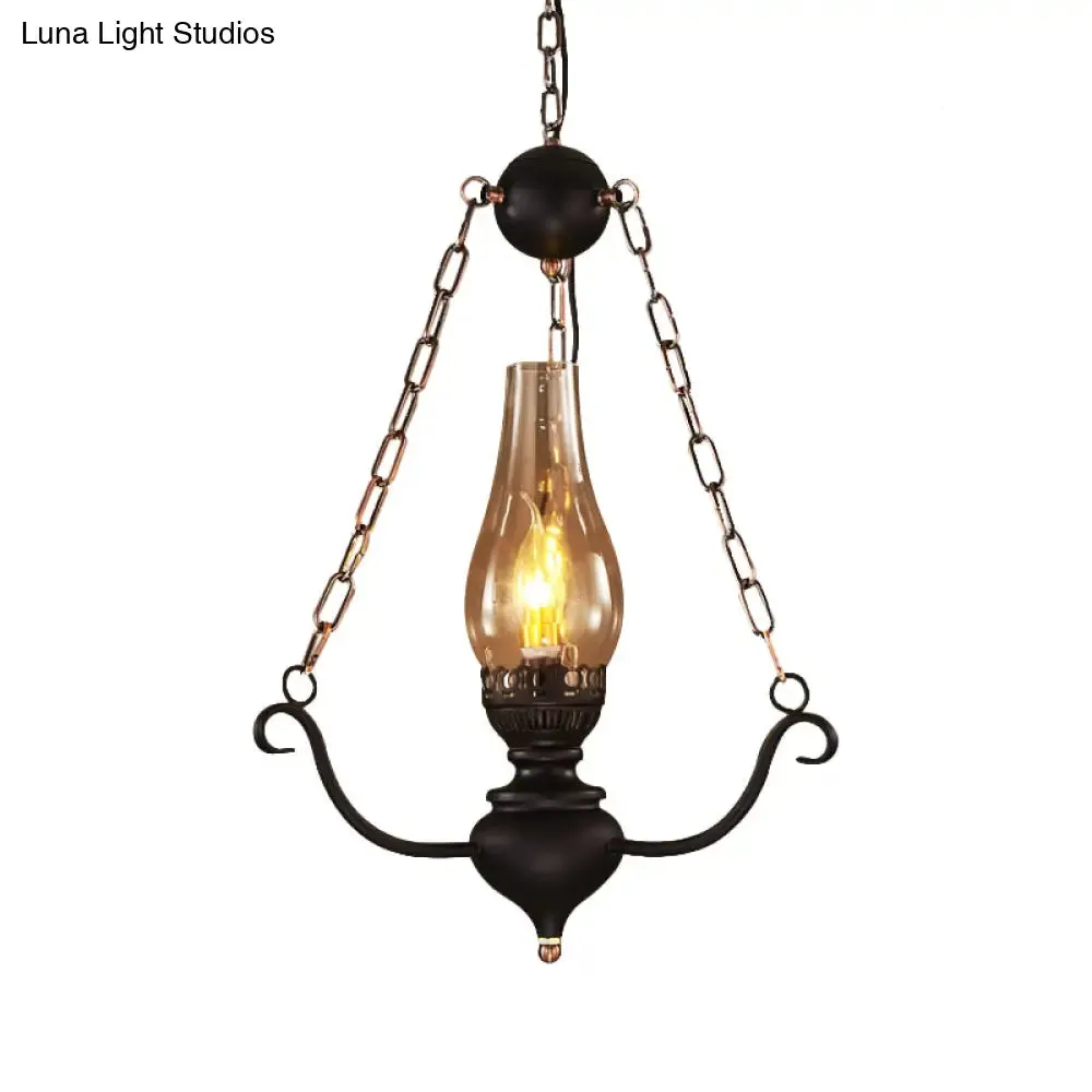 1-Head Farmhouse Pendant Lamp Kit with Chain Decor – Clear Glass, Elongated Design, Black Finish