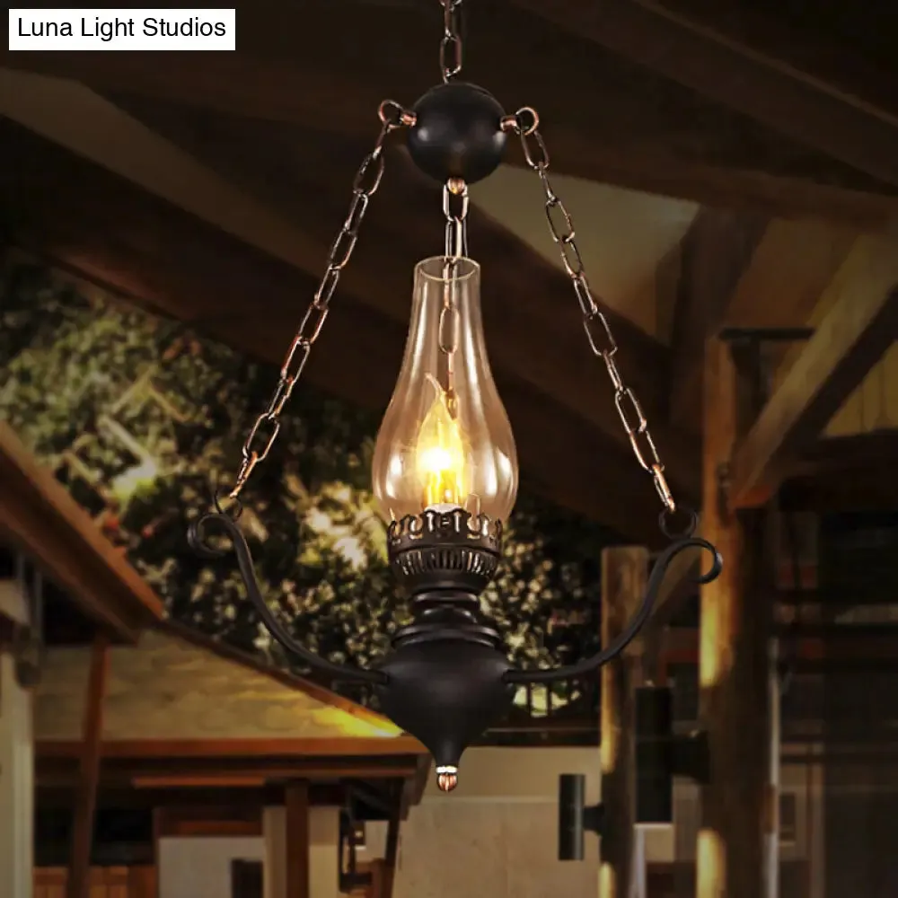 1-Head Farmhouse Pendant Lamp Kit with Chain Decor – Clear Glass, Elongated Design, Black Finish