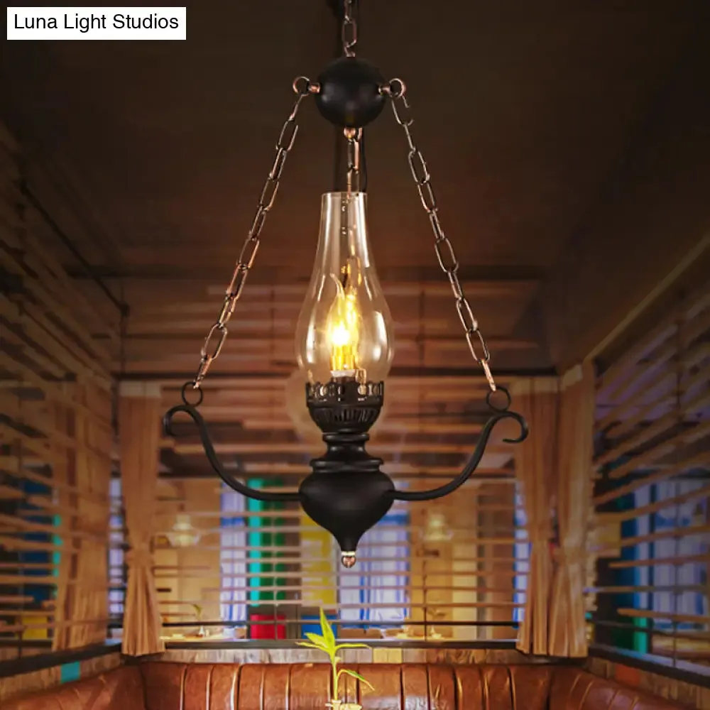 1-Head Farmhouse Pendant Lamp Kit with Chain Decor – Clear Glass, Elongated Design, Black Finish