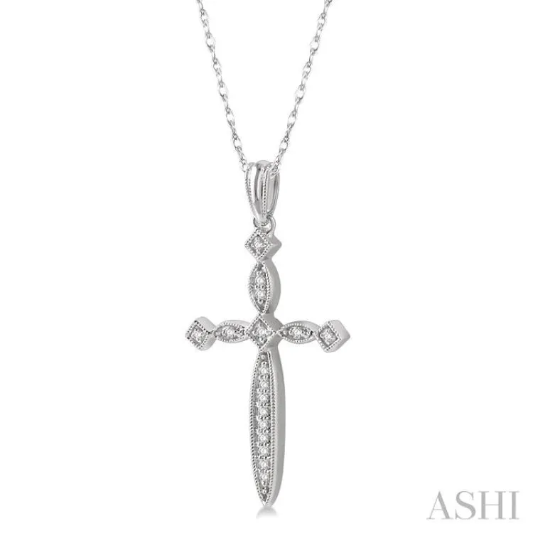 1/10 Ctw Marquise & Diamond Mount Cross Charm Round Cut Diamond Pendant With Chain in 10K White Gold