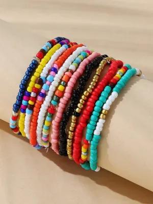 12pcs Mixed Color Beaded Bracelet Boho Style Crafted Small Beads Design Stretchy