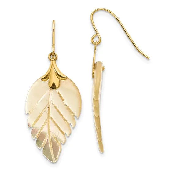 14KY Mother of Pearl Leaf Dangle Earrings