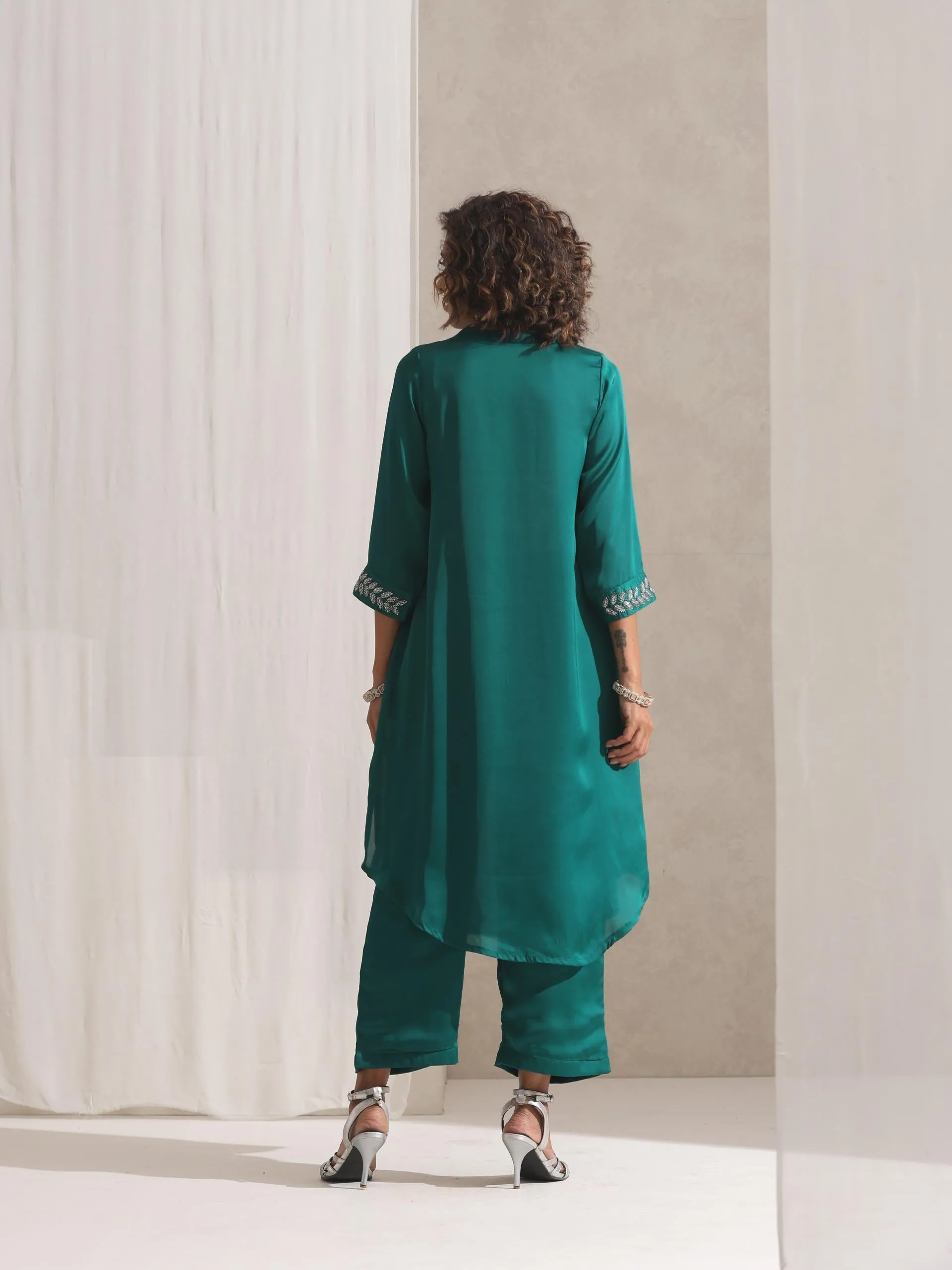 2 pc SET - Emerald Satin Kurta with Hand Beading and Pyjama