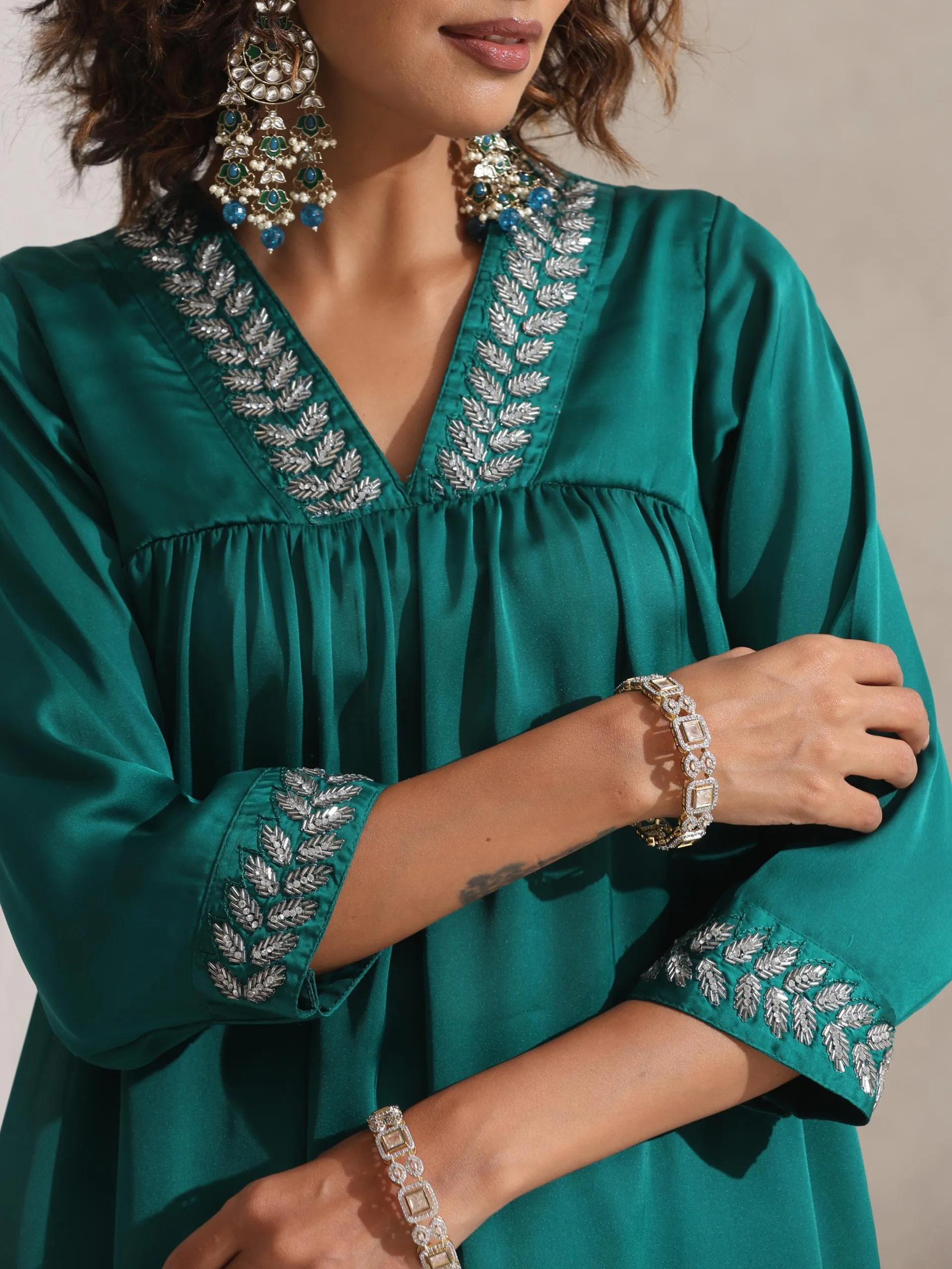 2 pc SET - Emerald Satin Kurta with Hand Beading and Pyjama