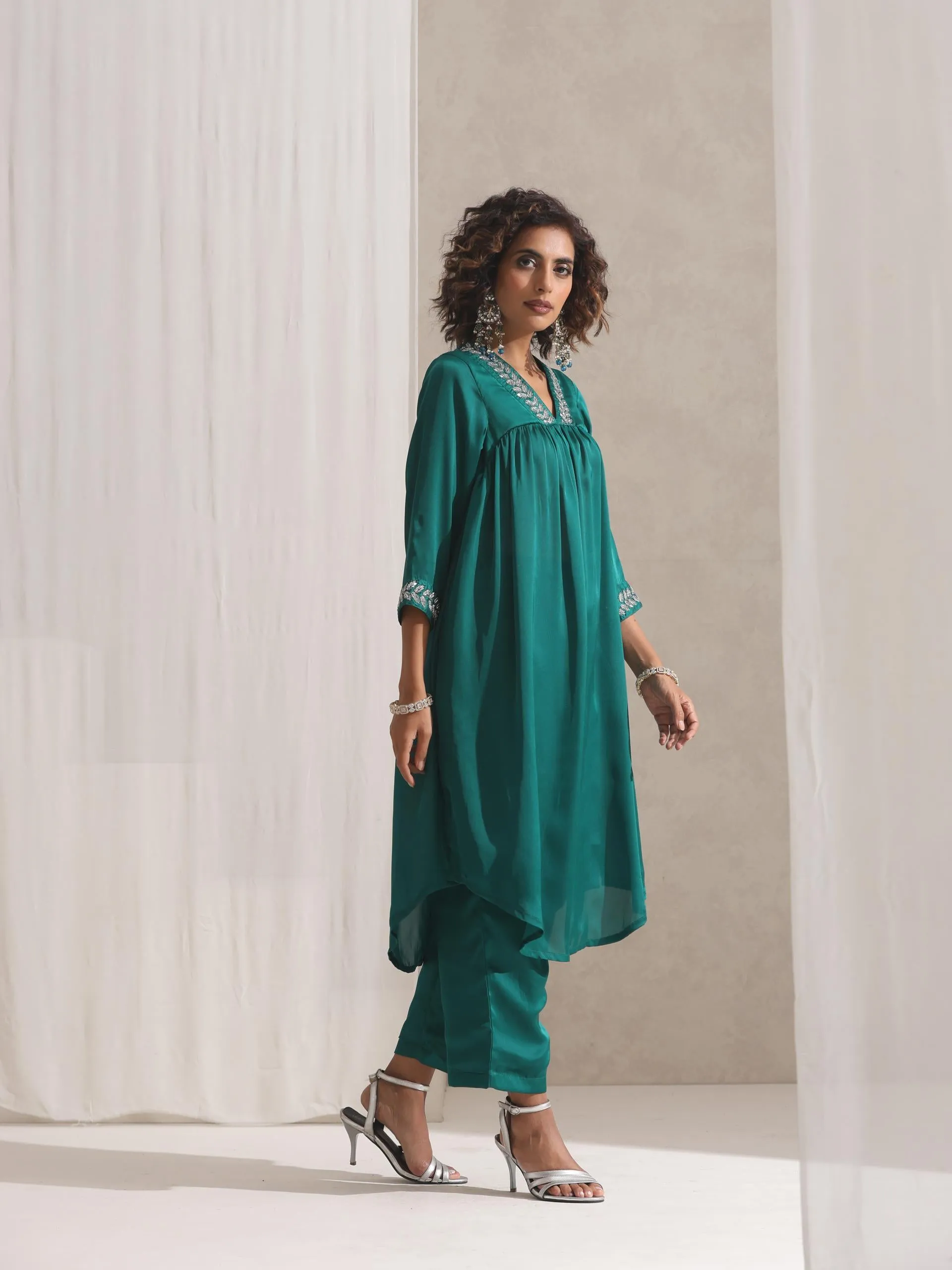 2 pc SET - Emerald Satin Kurta with Hand Beading and Pyjama