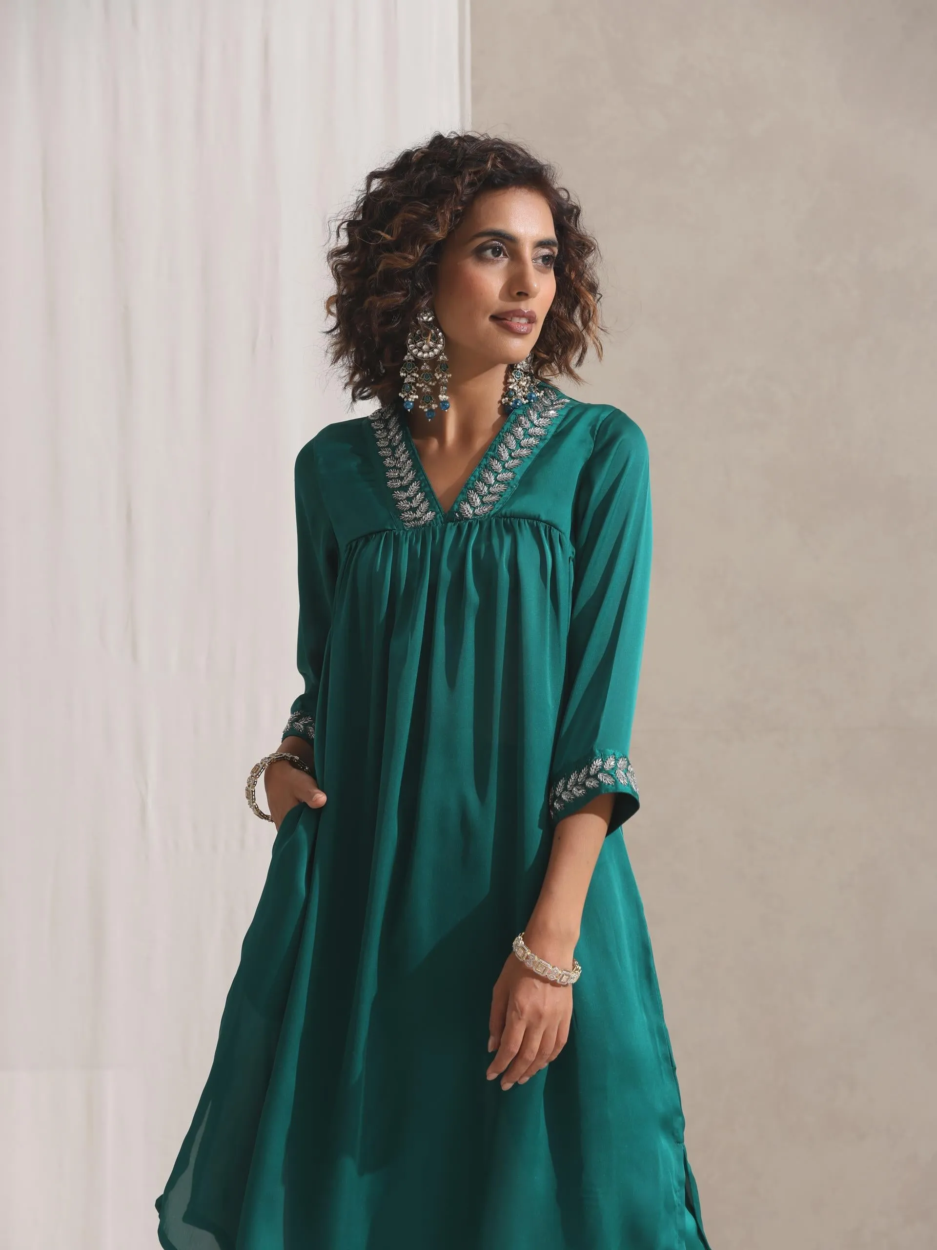 2 pc SET - Emerald Satin Kurta with Hand Beading and Pyjama