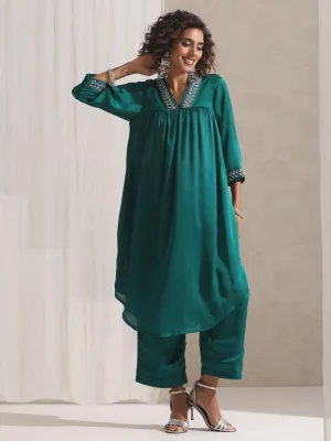 2 pc SET - Emerald Satin Kurta with Hand Beading and Pyjama