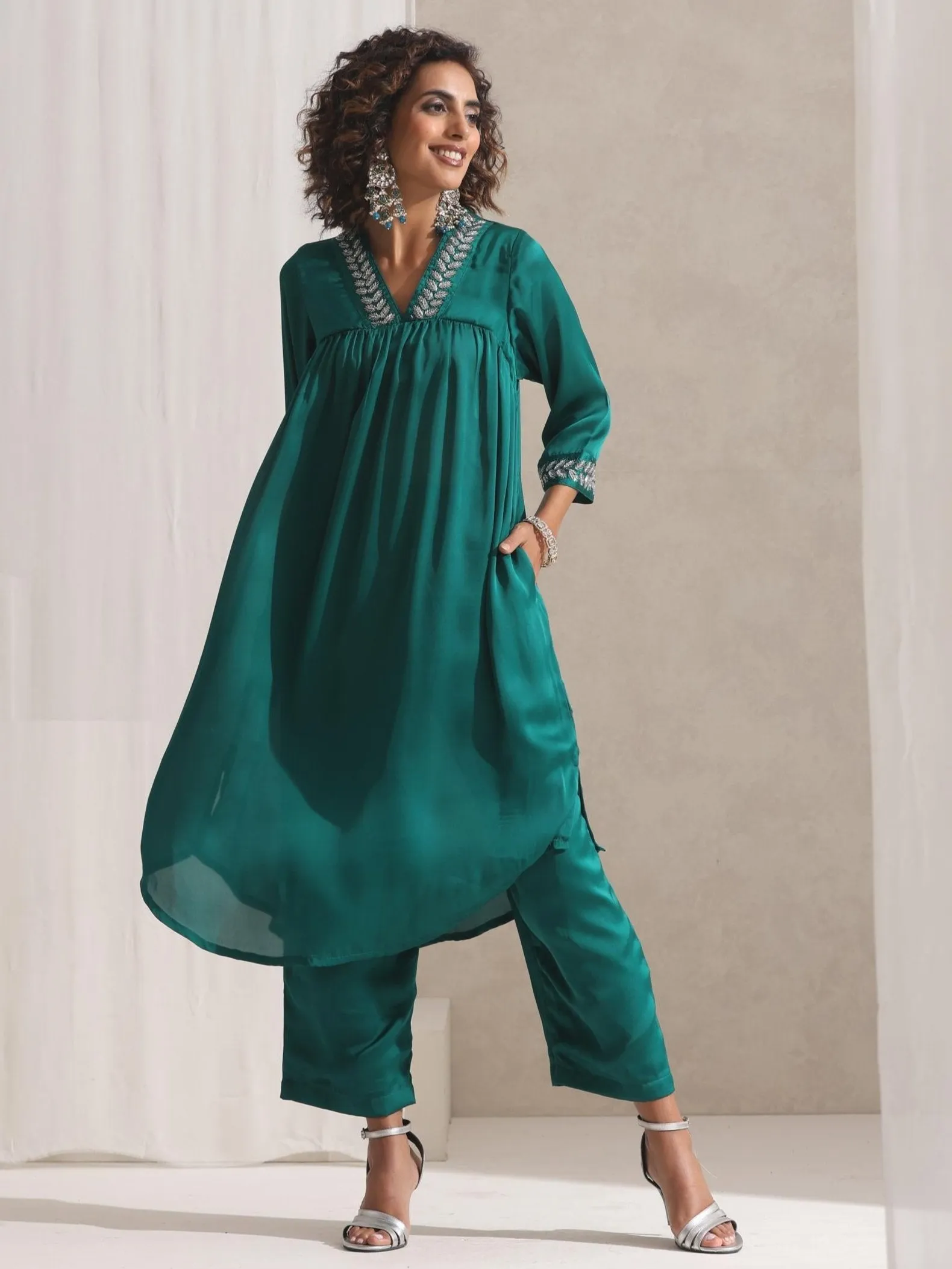 2 pc SET - Emerald Satin Kurta with Hand Beading and Pyjama