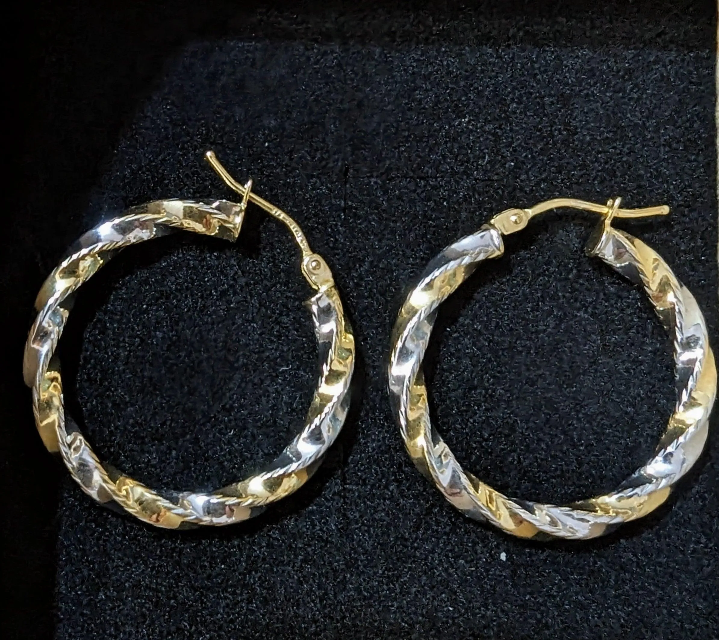 9ct Yellow and White Diamond Cut Hoop Earrings