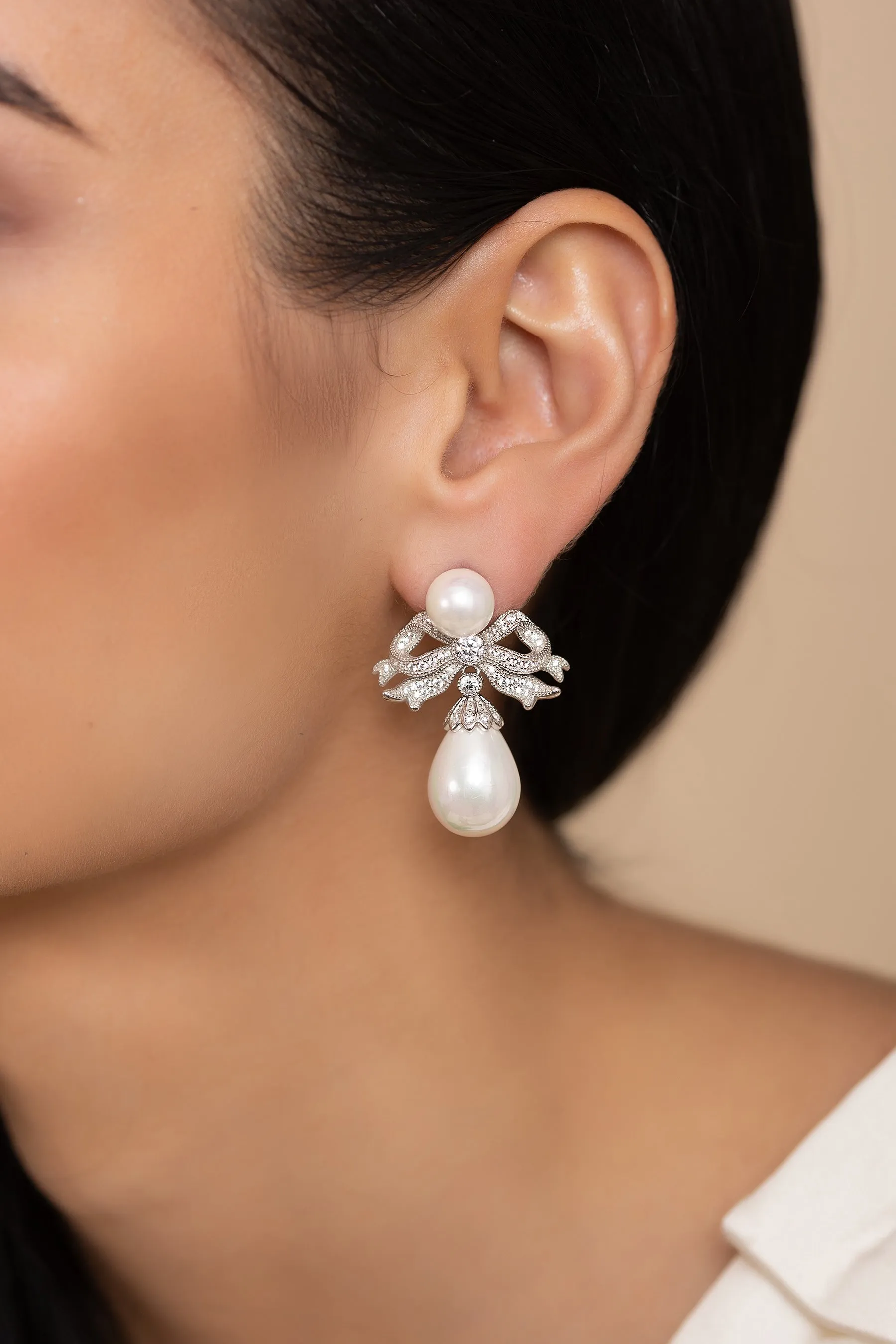 'Antoinette' Bow and Pearl Drop Silver Earrings