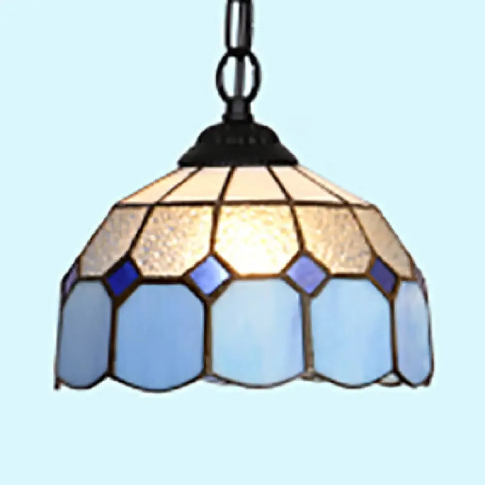 Baroque Stained Glass Ceiling Light Fixture in Black/White/Blue for Dining Room - 1 Head Suspension