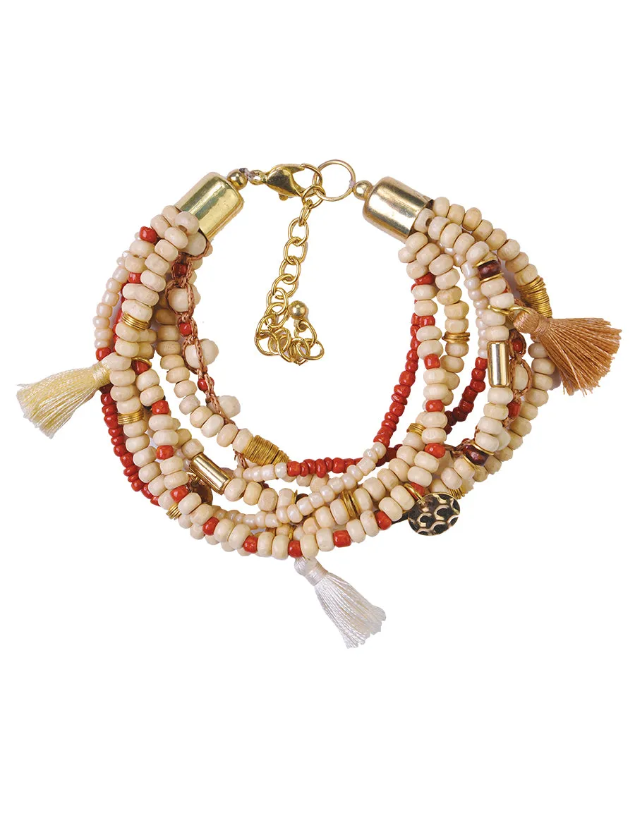 Beige & Red Tassel Boho Bracelet