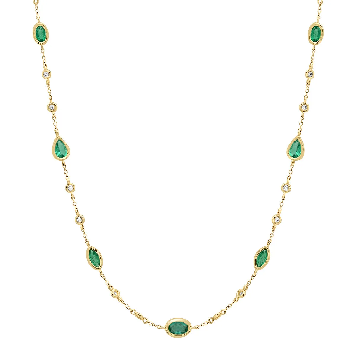 Bezel Set Emerald Shapes & Diamonds by the Yard Necklace