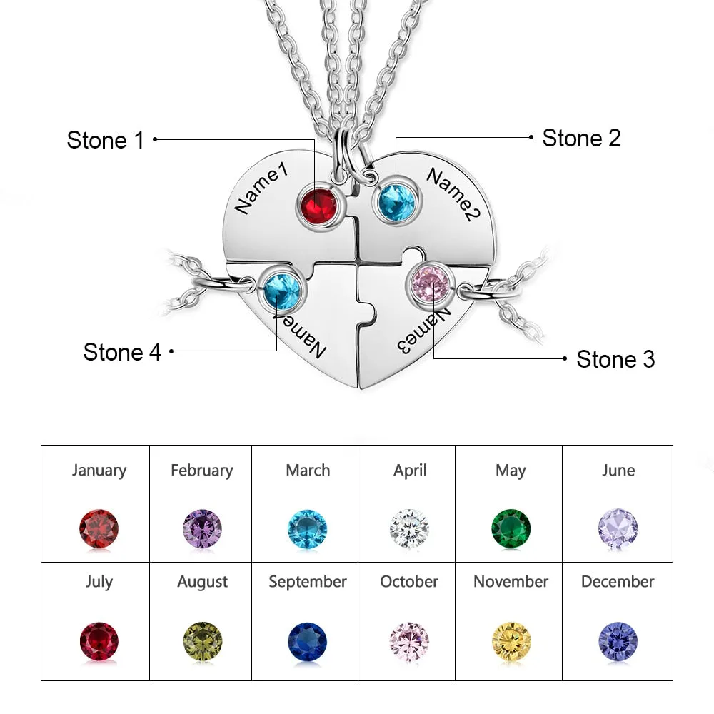 BFF Heart Shaped Friendship Birthstone Necklace with for 4 Friends