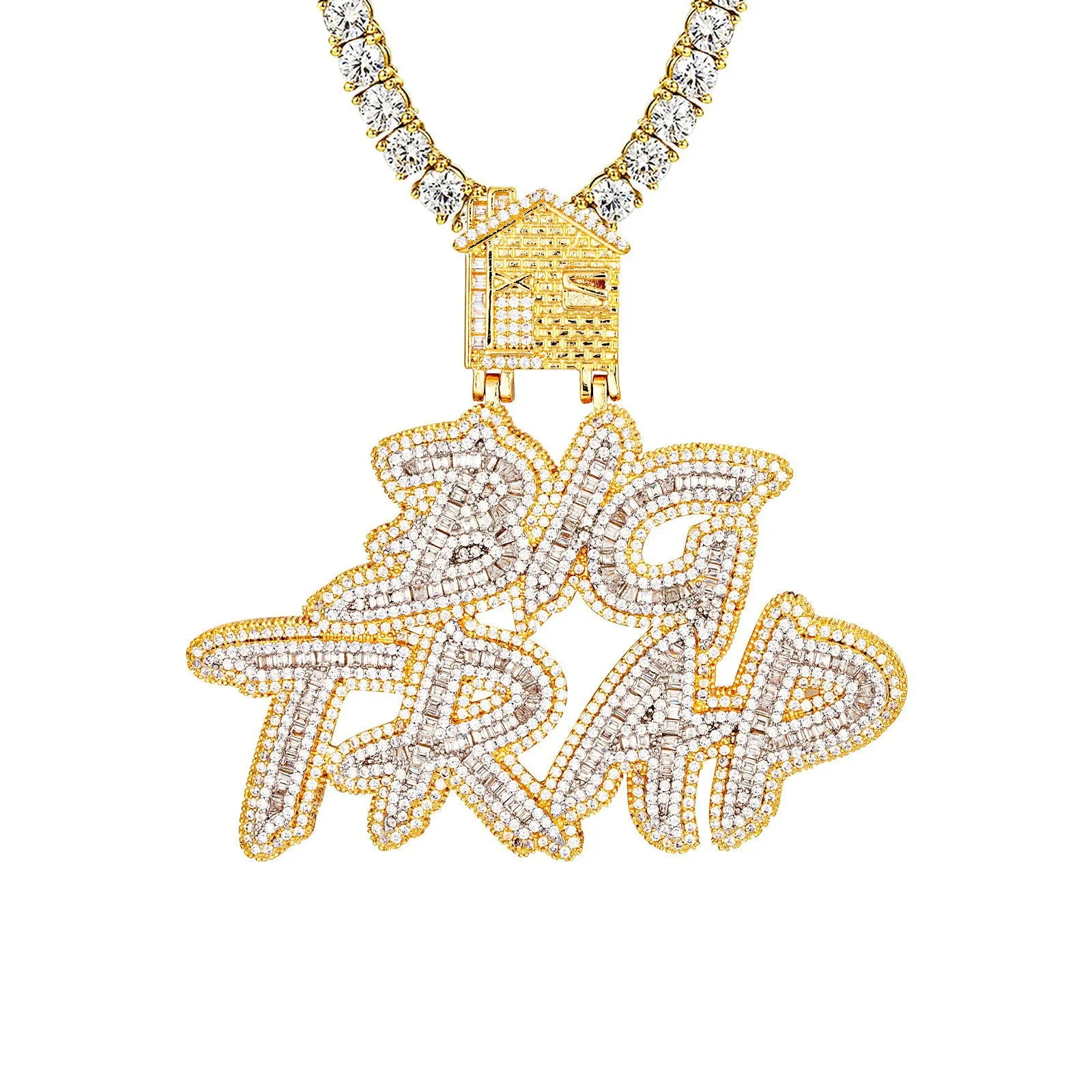 Big Trap House Mens Baguette Icy Custom Yellow Gold Tone Pendant