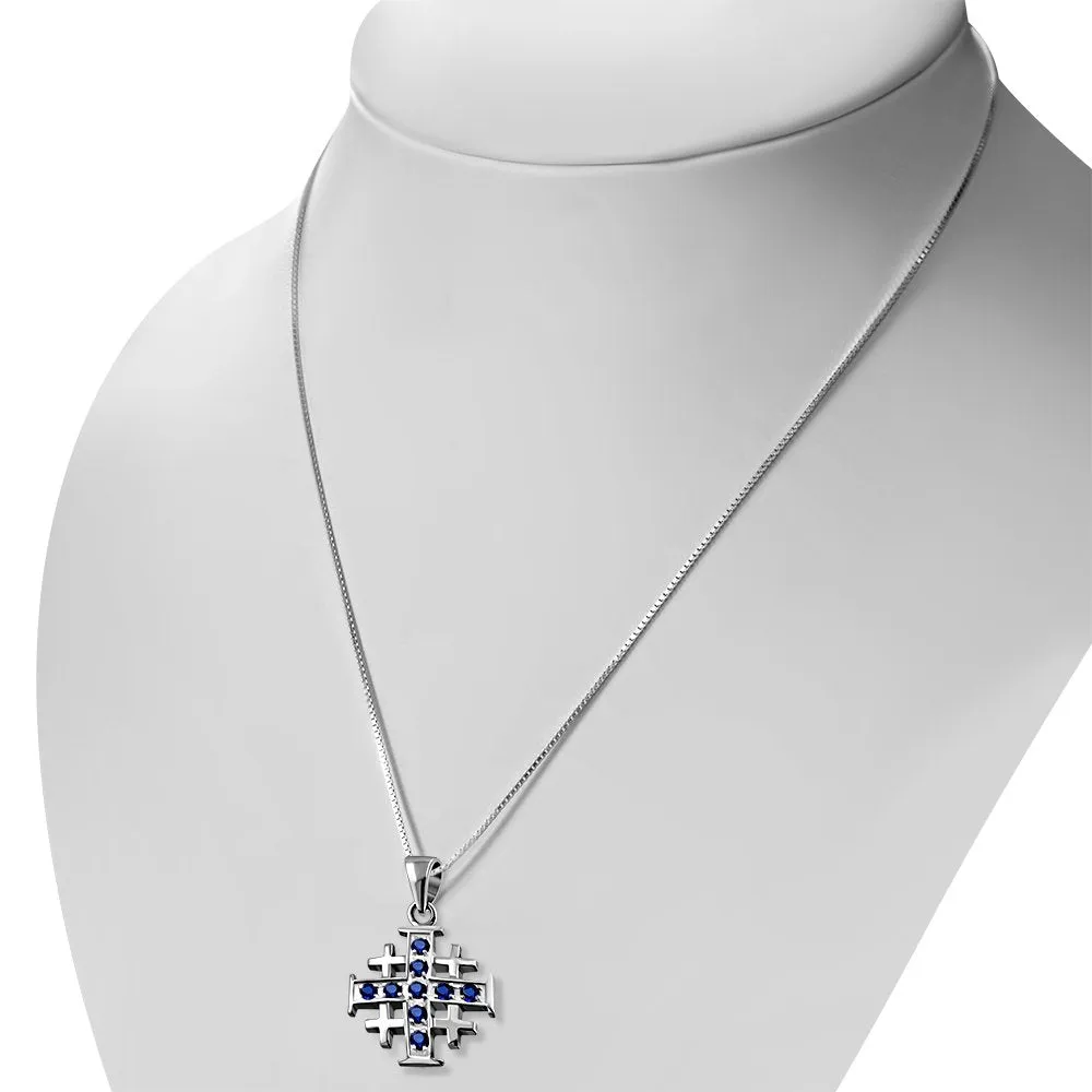 Blue Sapphire CZ Jerusalem Cross Silver Pendant