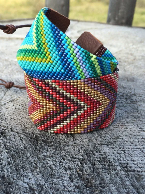 Blue/Green Chevron Seed Beaded and Leather Cuff