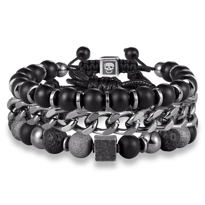 BOBO COVER  Handmade Skulls & Stones Leather Stack Bracelet for Men