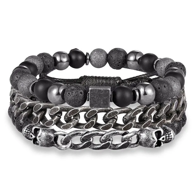 BOBO COVER  Handmade Skulls & Stones Leather Stack Bracelet for Men