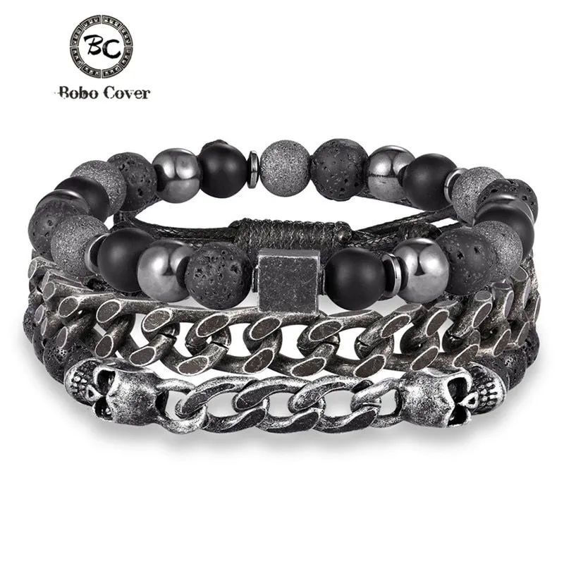 BOBO COVER  Handmade Skulls & Stones Leather Stack Bracelet for Men