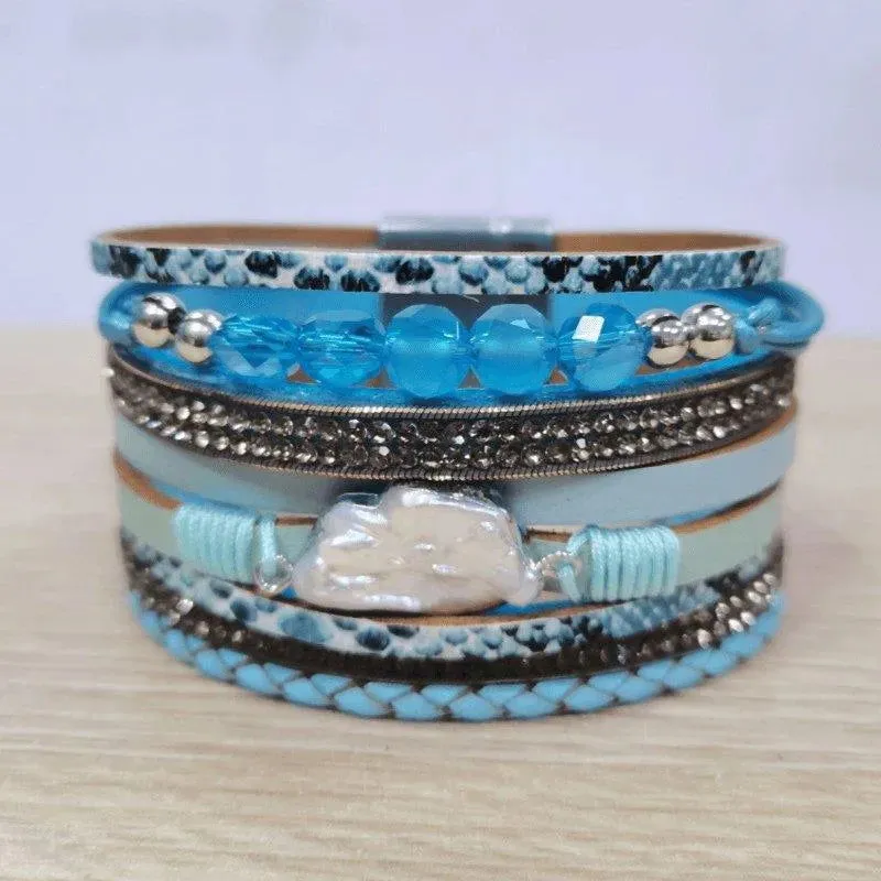 Boho Beaded Multi-strand Animal Pattern Vegan Leather Bracelet