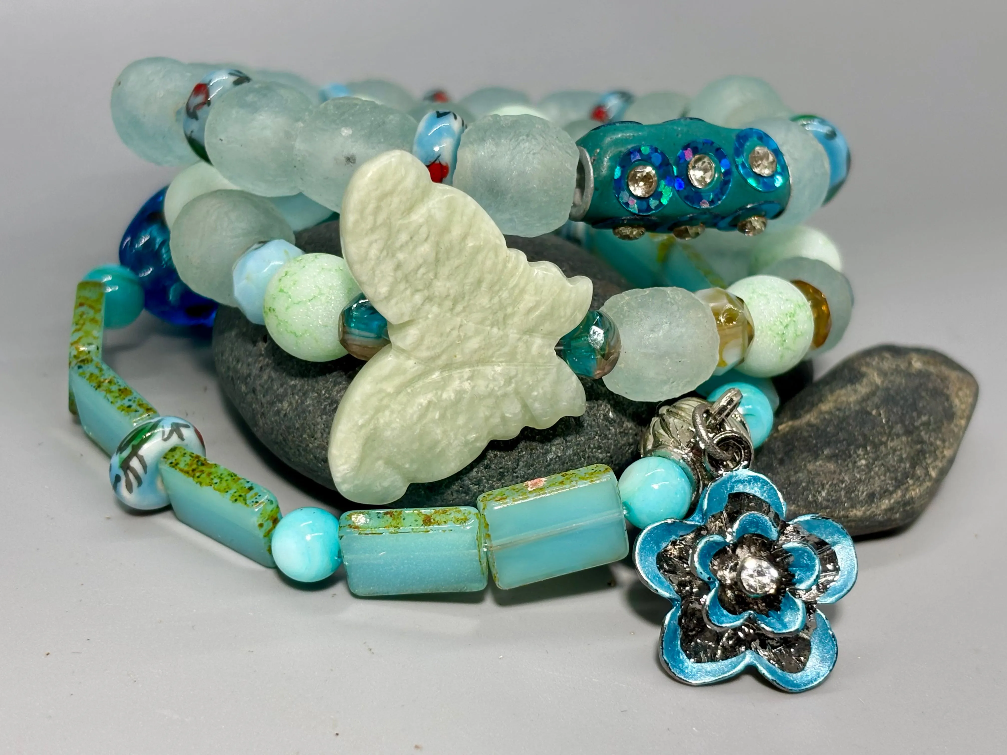 Boho Blue Butterfly Floral Stretch Bracelets Set