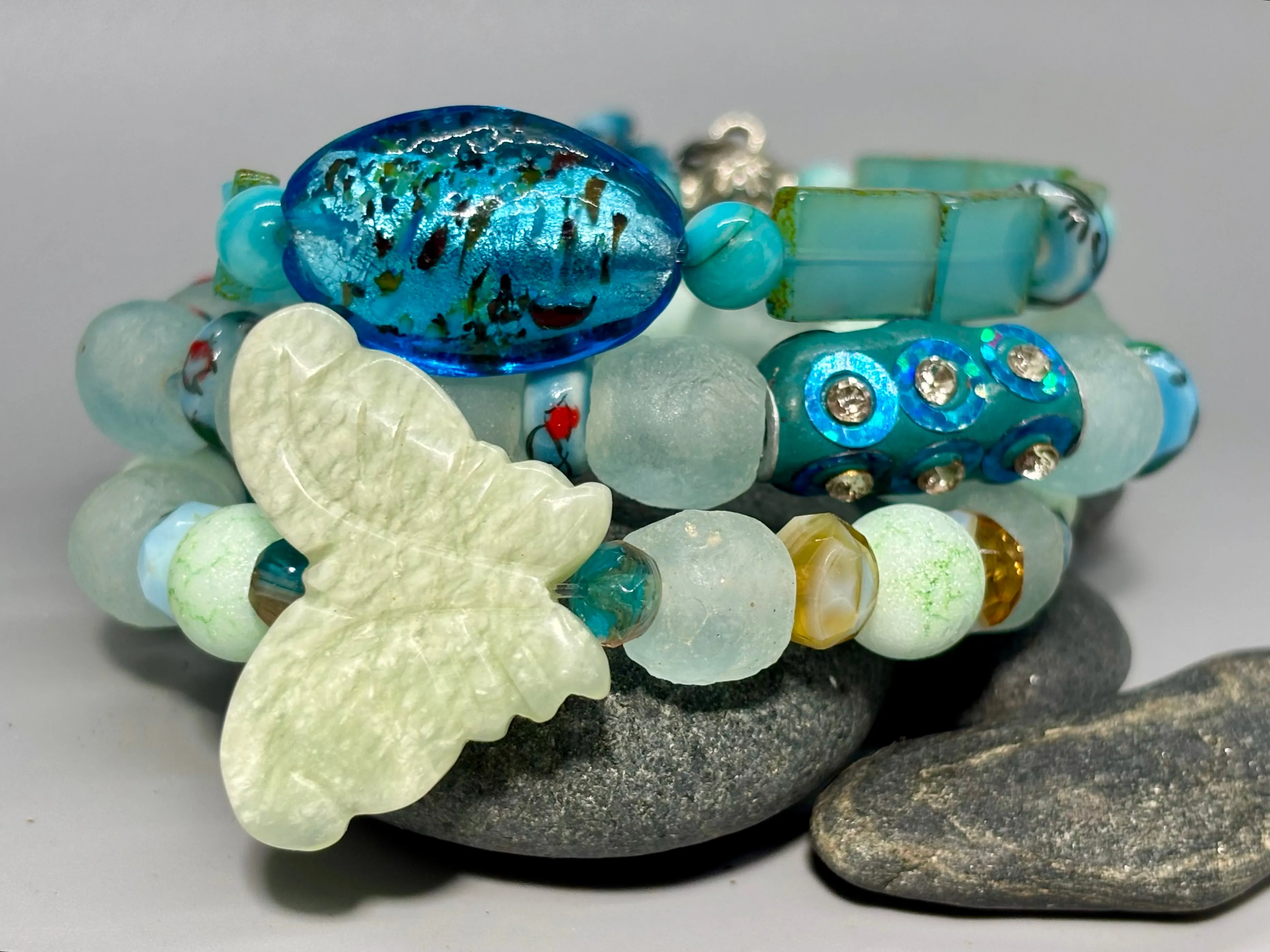 Boho Blue Butterfly Floral Stretch Bracelets Set