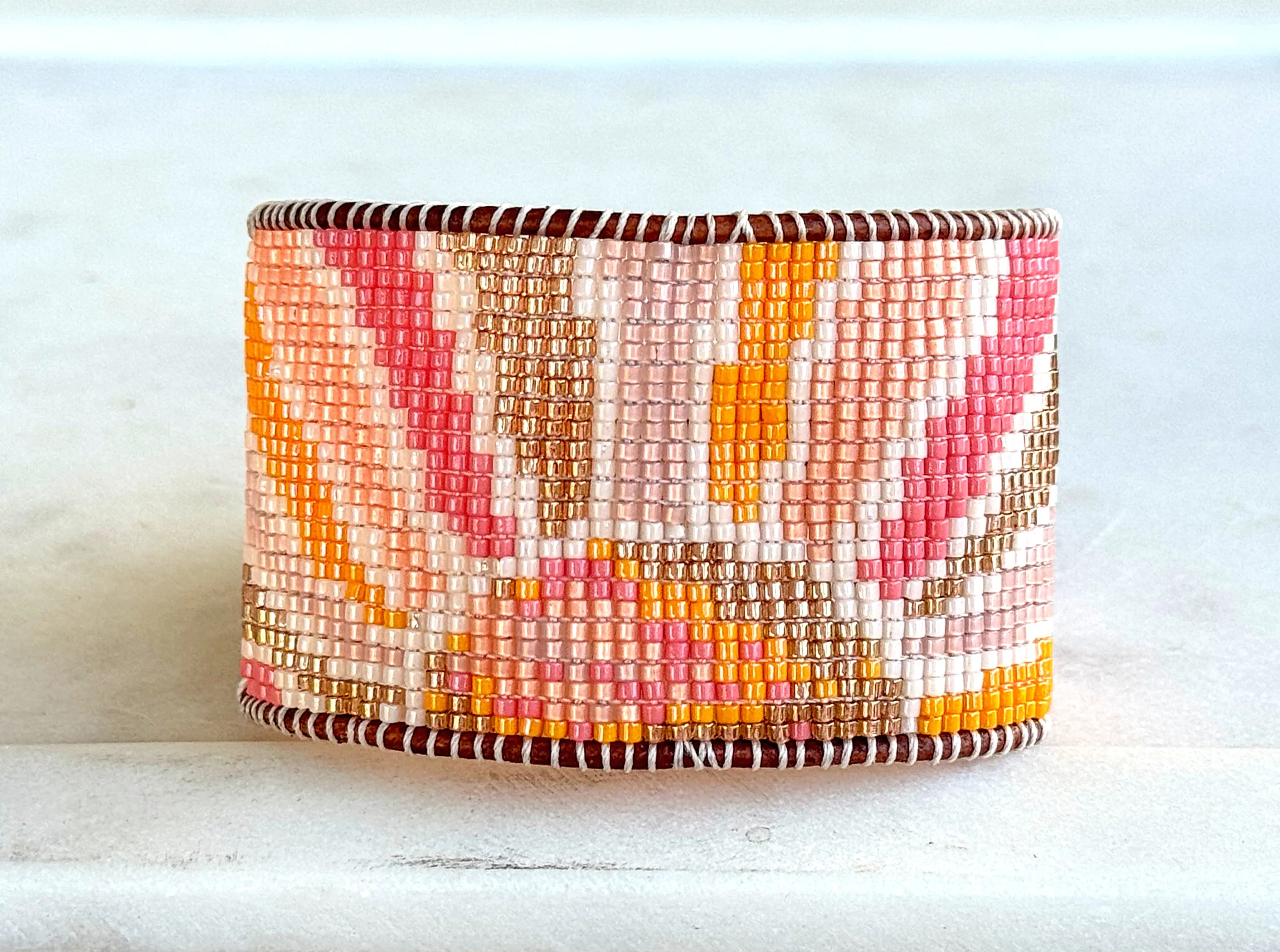 Boho Sunshine Bead Loom Woven Cuff Bracelet with leather trim