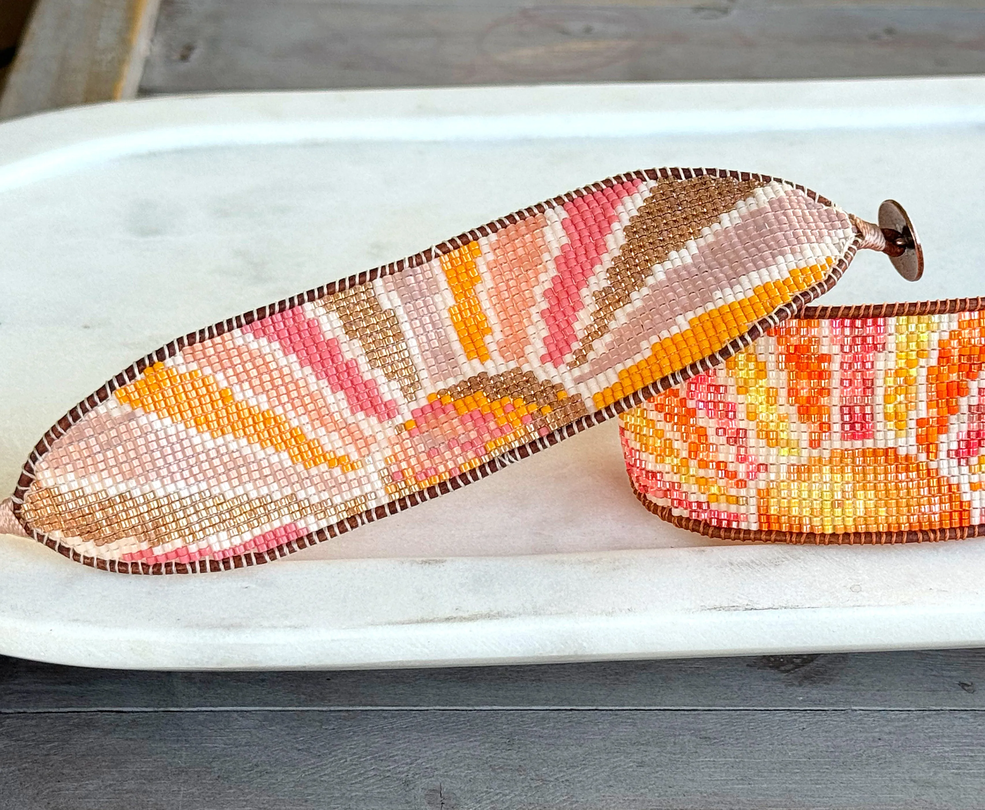 Boho Sunshine Bead Loom Woven Cuff Bracelet with leather trim