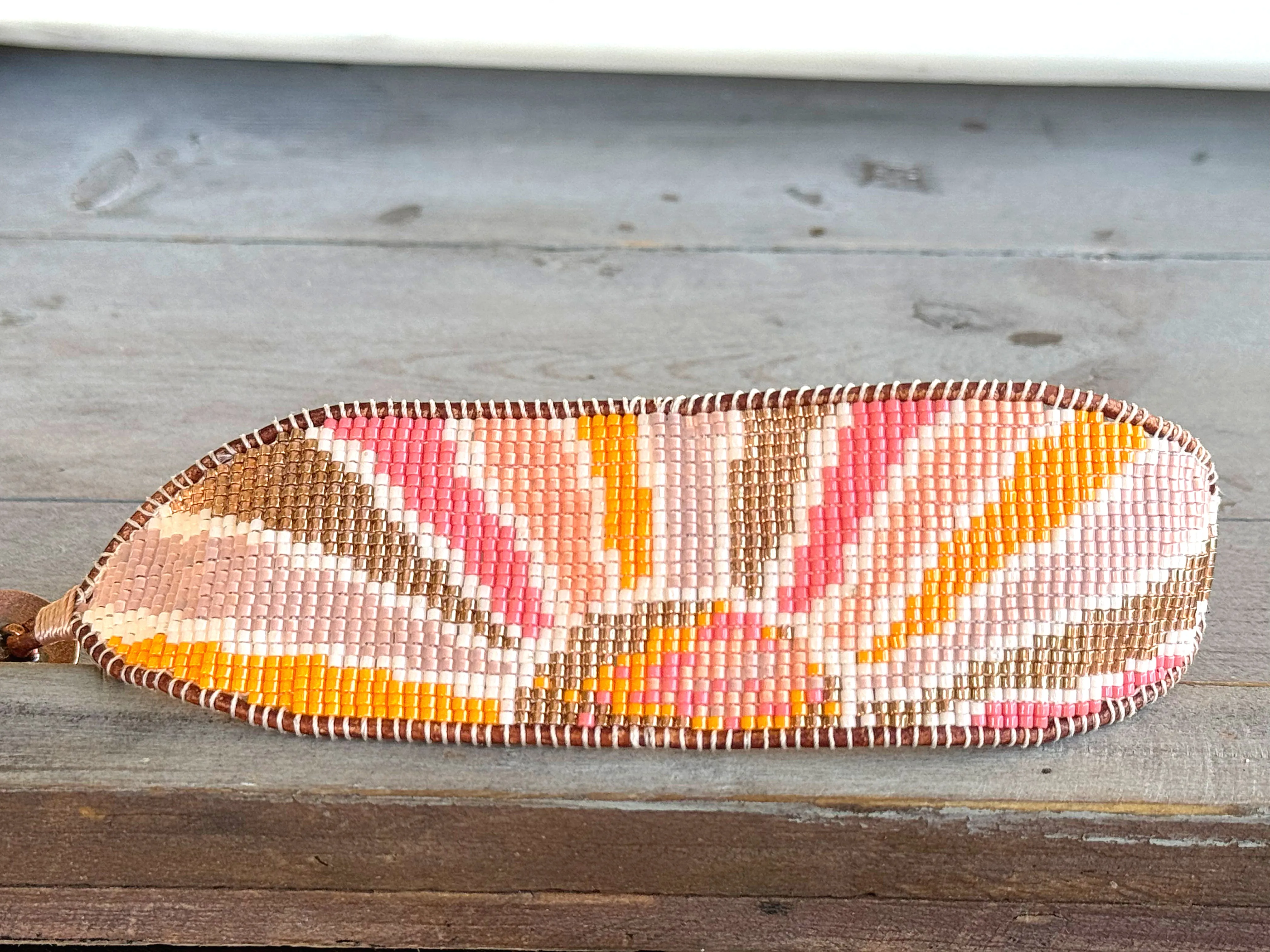 Boho Sunshine Bead Loom Woven Cuff Bracelet with leather trim