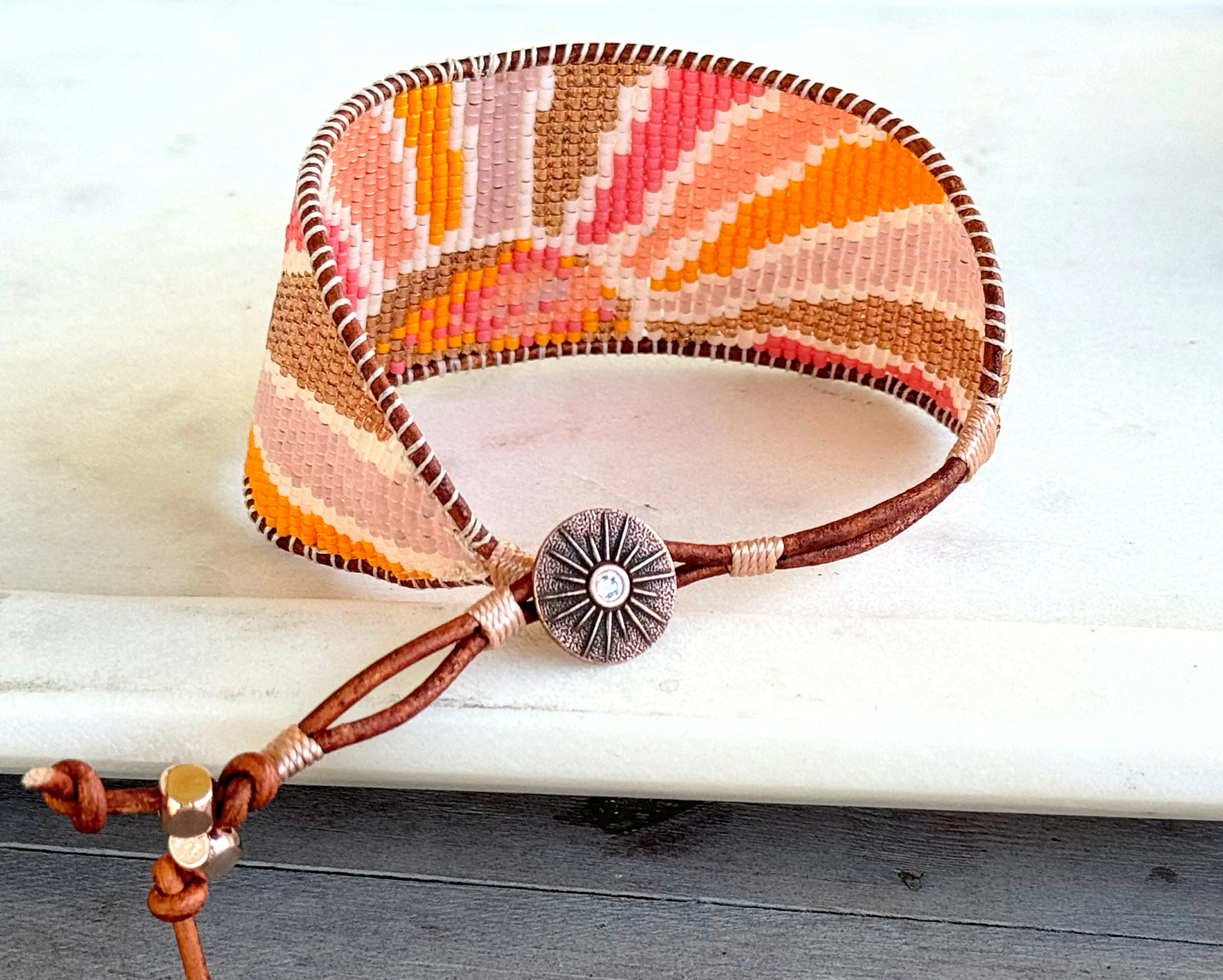 Boho Sunshine Bead Loom Woven Cuff Bracelet with leather trim