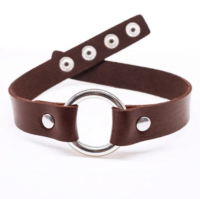 Brown Leather Look O-Ring Collar