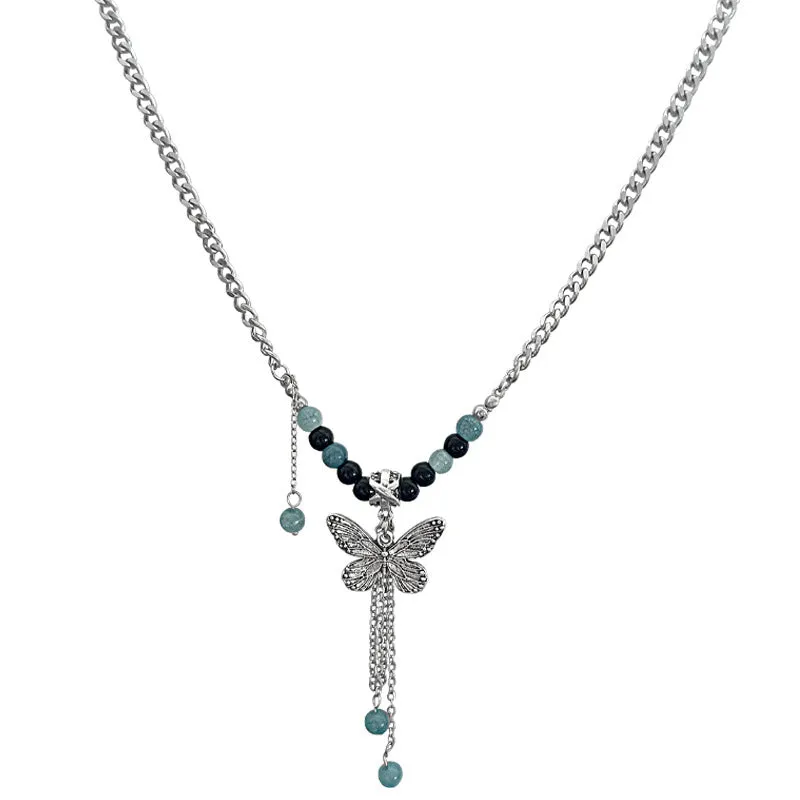 Butterfly Beaded Tassel Titanium Steel Necklaces