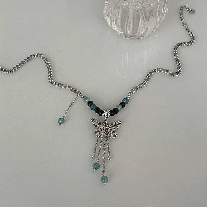 Butterfly Beaded Tassel Titanium Steel Necklaces