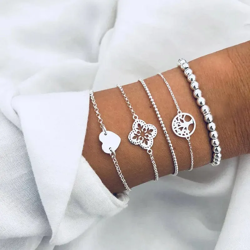 Chic Geometric Bracelet and Bangle Sets for Women with Vintage Star Map, Hand Heart Charm, Beads, Chains – Trendy Fashion Jewelry Accessories