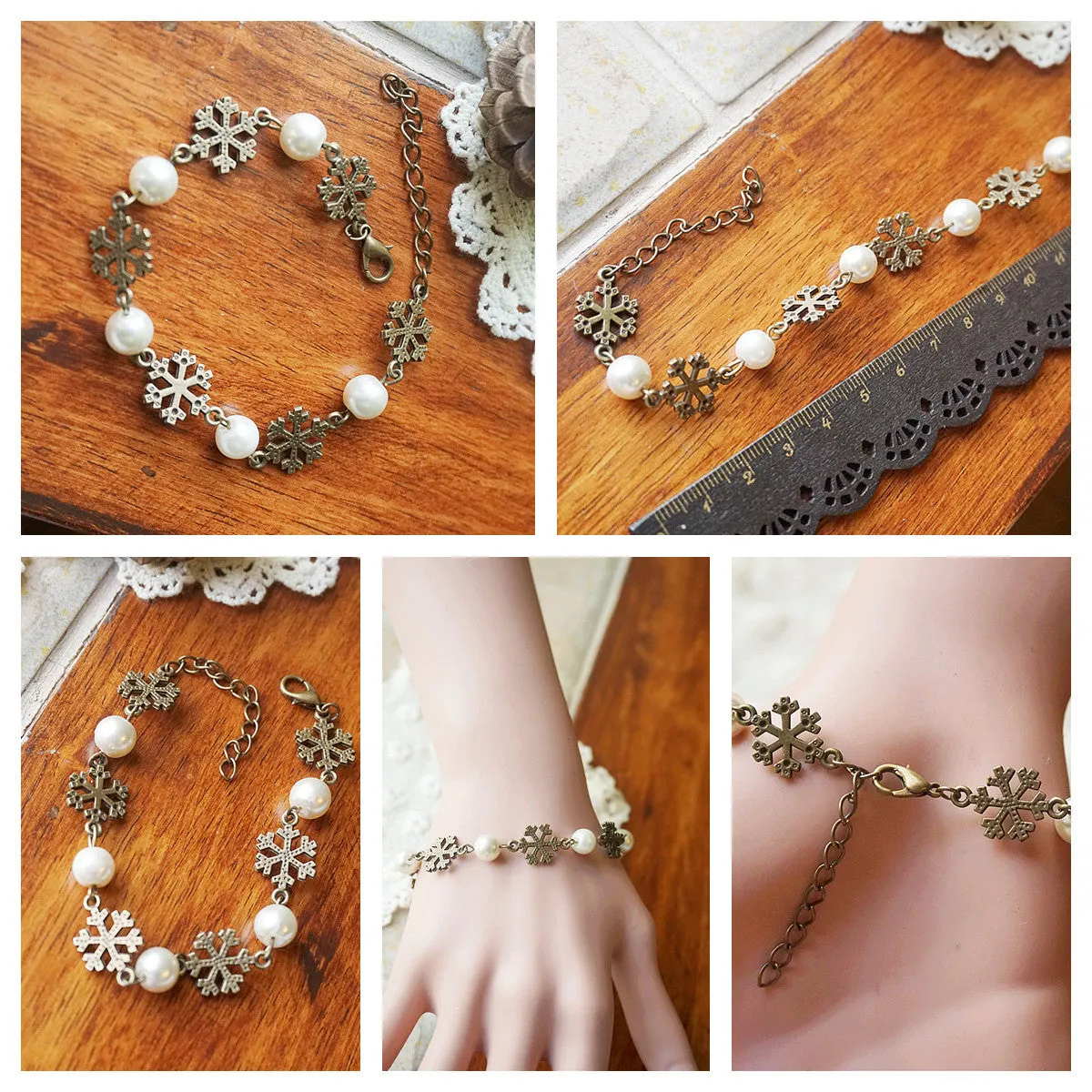 Christmas Handmade Forest Pearl Snowflake Bracelet