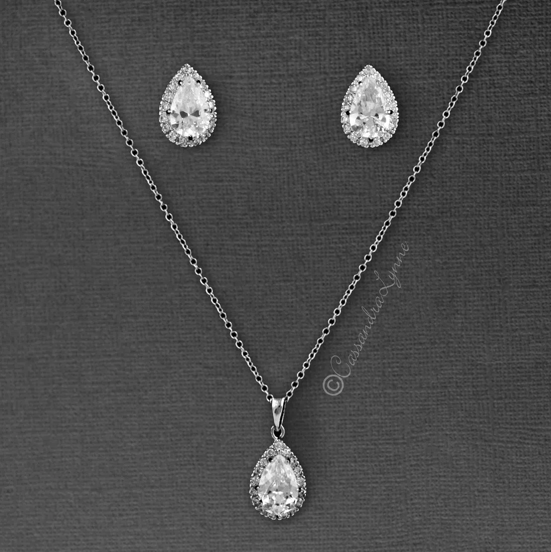 Classic CZ Necklace Pave Pear Pendant and Earrings