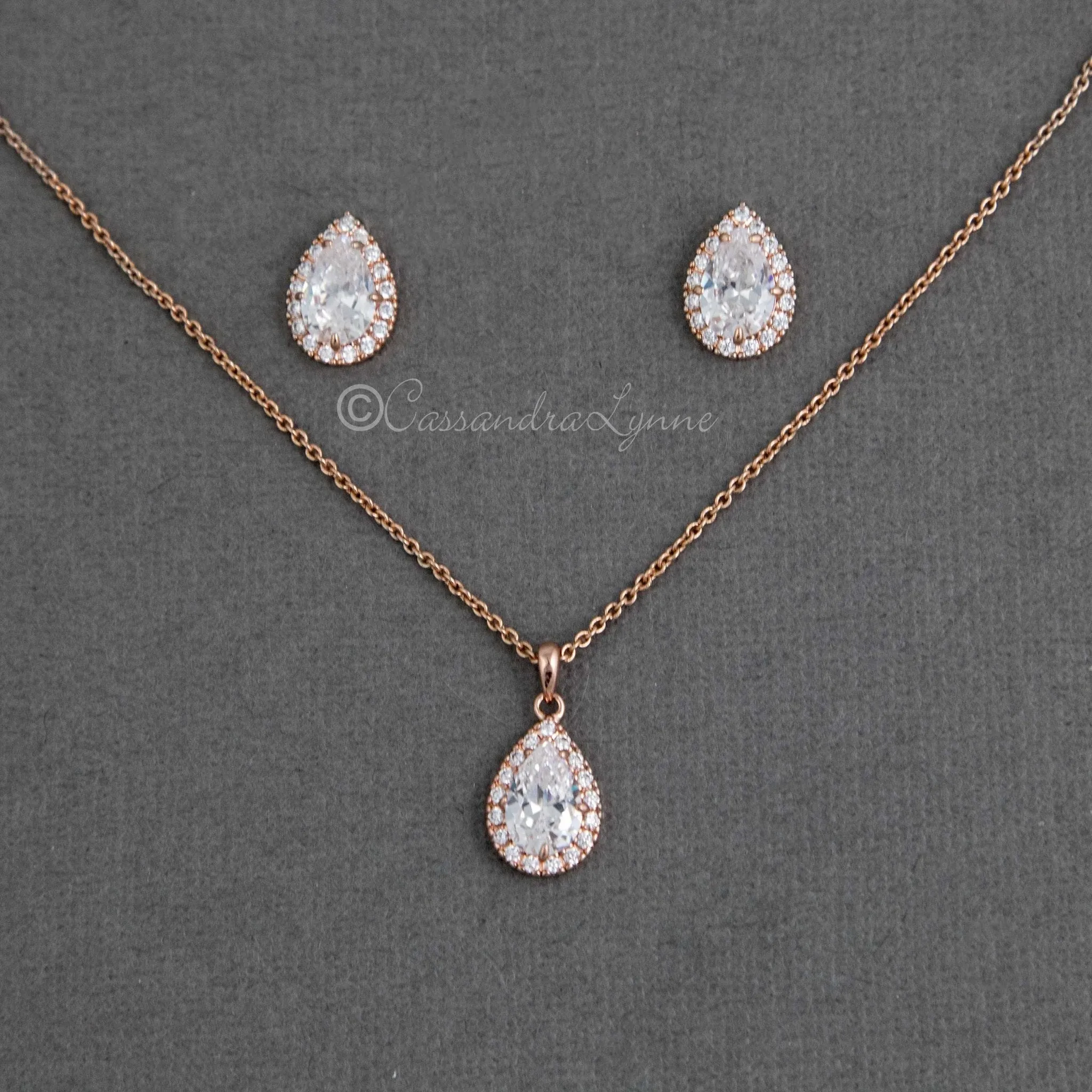 Classic CZ Necklace Pave Pear Pendant and Earrings