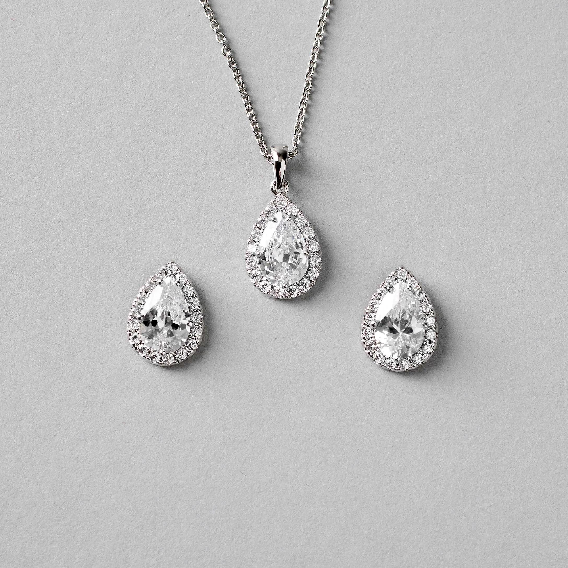 Classic CZ Necklace Pave Pear Pendant and Earrings