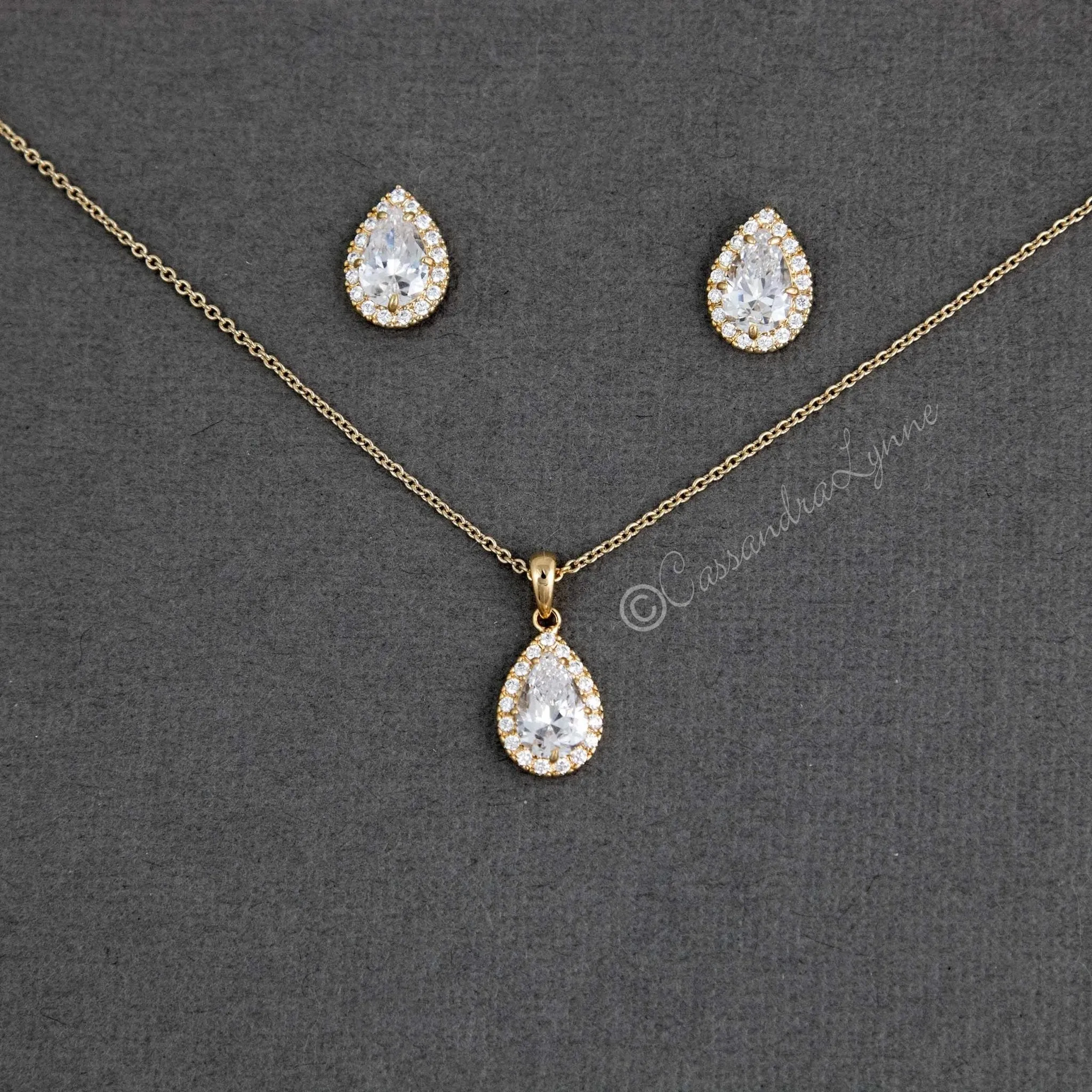 Classic CZ Necklace Pave Pear Pendant and Earrings