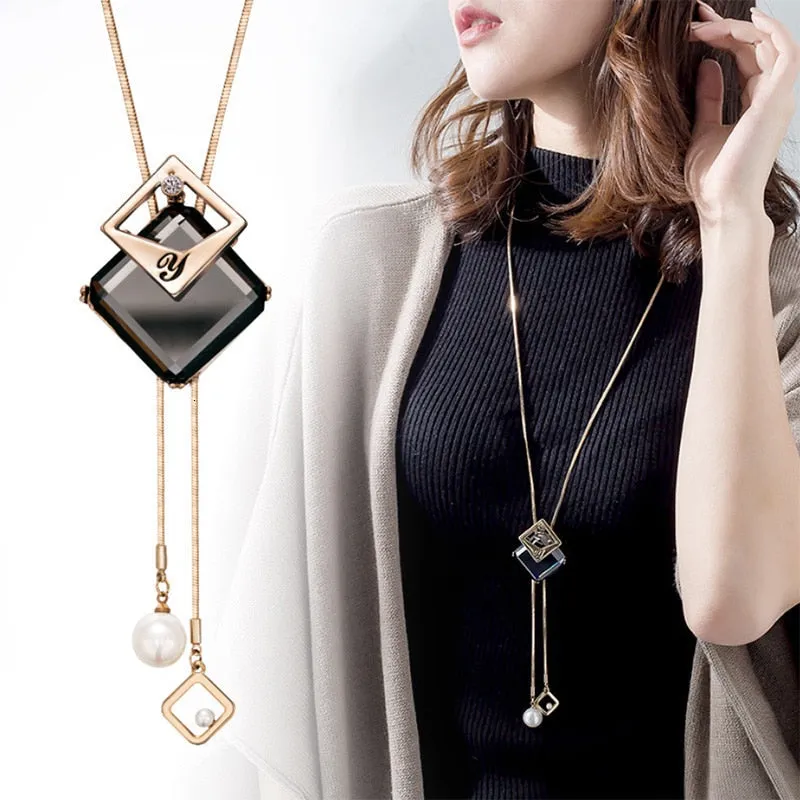 DEANWANGKT Long Black Crystal Necklaces & Pendants Fashion Gold Silver Color Chain Rhinestone Geometric  Necklace Jewelry For Women