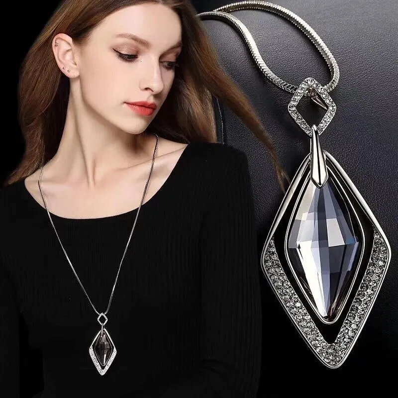 DEANWANGKT Long Black Crystal Necklaces & Pendants Fashion Gold Silver Color Chain Rhinestone Geometric  Necklace Jewelry For Women