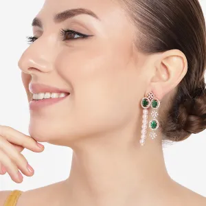 Estele Rose Gold Plated CZ Magnificent Earrings with Green Stones & Pearls for Women