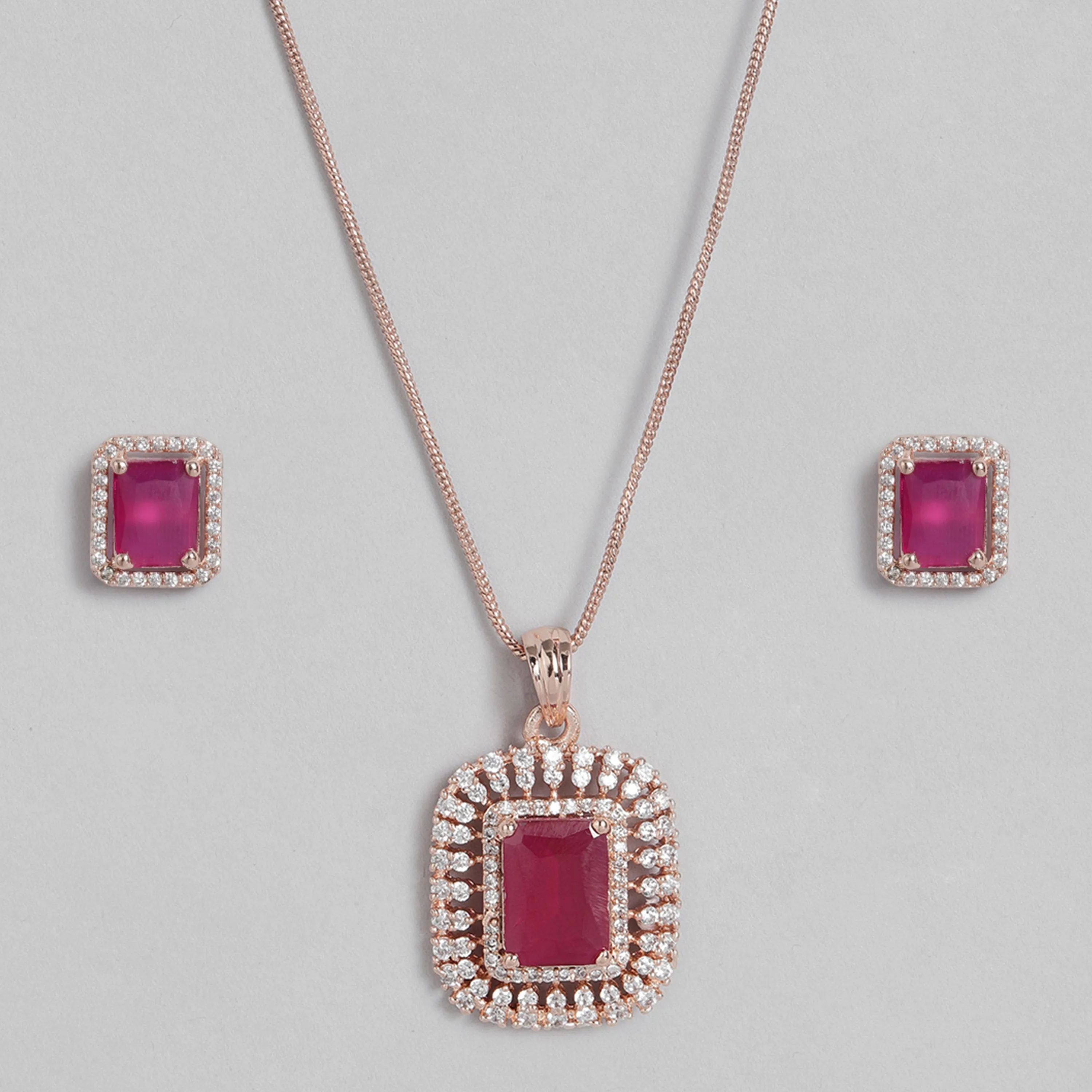 Estele Rose gold Plated Stylish Square Pattern Pendant Set with Ruby American Diamonds for Girls & Women