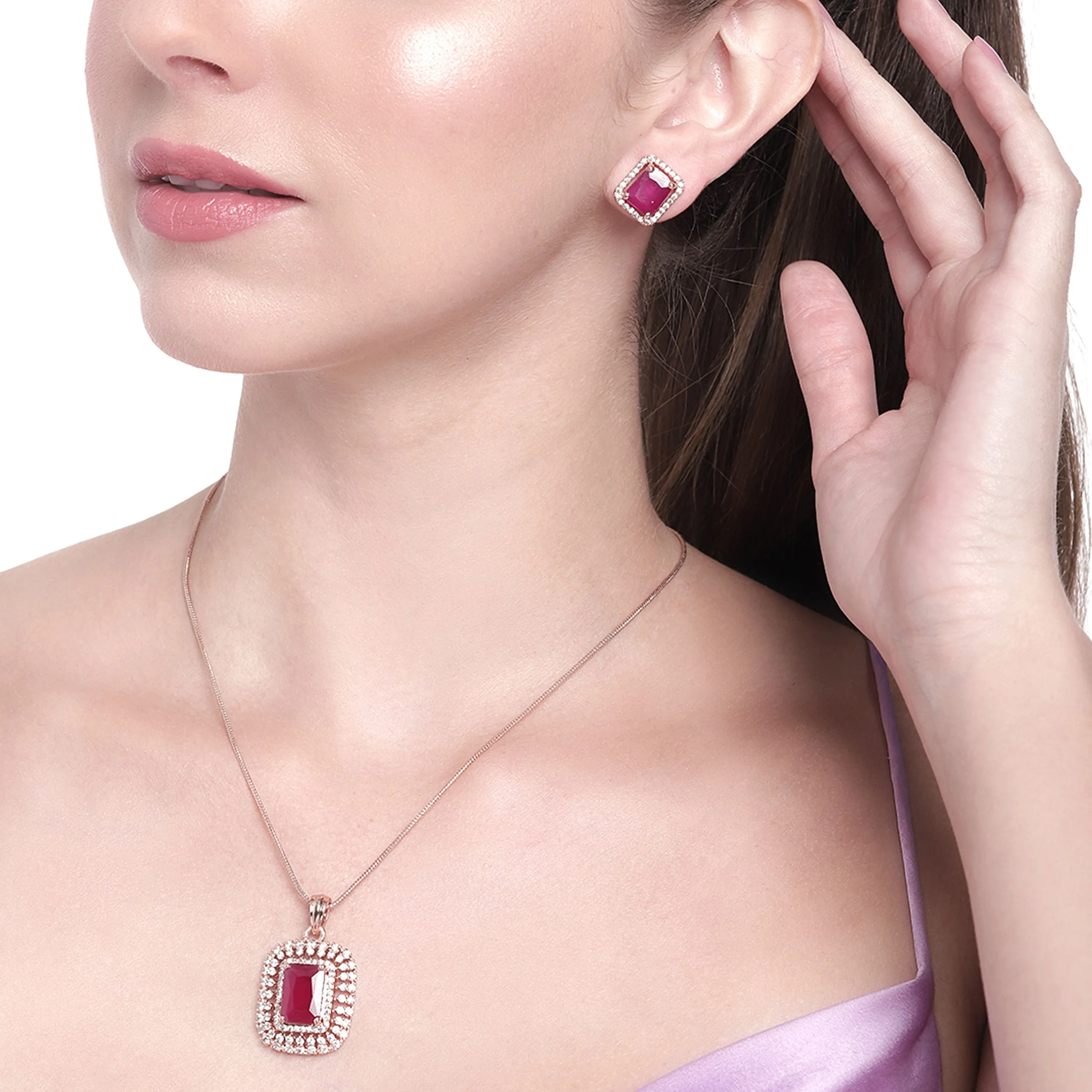 Estele Rose gold Plated Stylish Square Pattern Pendant Set with Ruby American Diamonds for Girls & Women