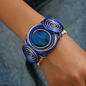 Exquisite Bohemian Style Handmade Open Bangle Bracelet, Round Aluminum Alloy Wire Wrapped, Artificial Crystal Decor