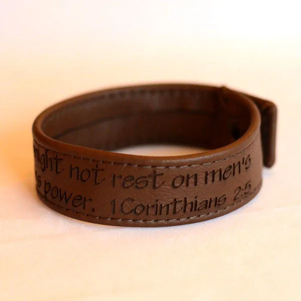 Faith… on God's Power, 1 Corinthians 2:5 - Brown Engraved Italian Leather Bracelet