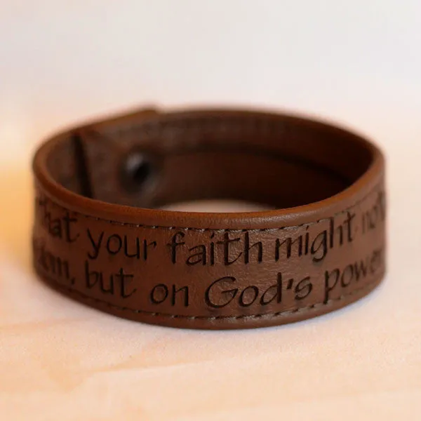 Faith… on God's Power, 1 Corinthians 2:5 - Brown Engraved Italian Leather Bracelet