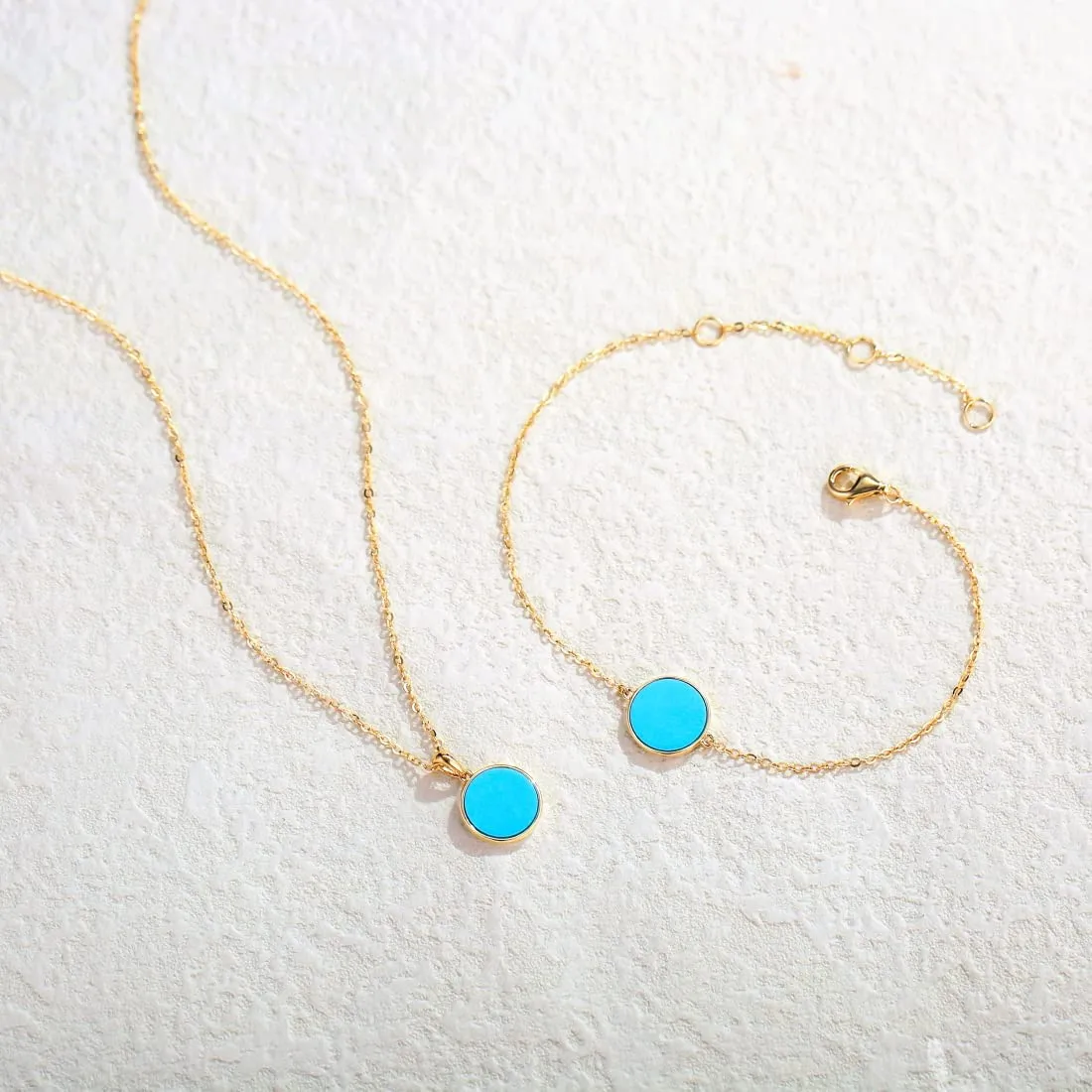 FANCIME Created Blue Turquoise Round 14K Real Yellow Gold Necklace